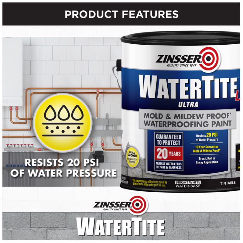 Zinsser Watertite Ultra waterproofing paint can with product features for water pressure resistance highlighted