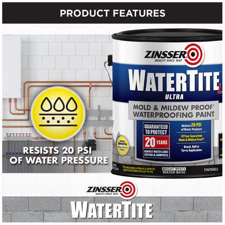 Zinsser Watertite Ultra waterproofing paint can with product features for water pressure resistance highlighted
