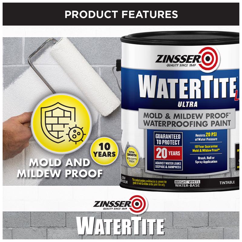 Zinsser Watertite Ultra waterproofing paint can with a roller and text highlighting mold and mildew features.