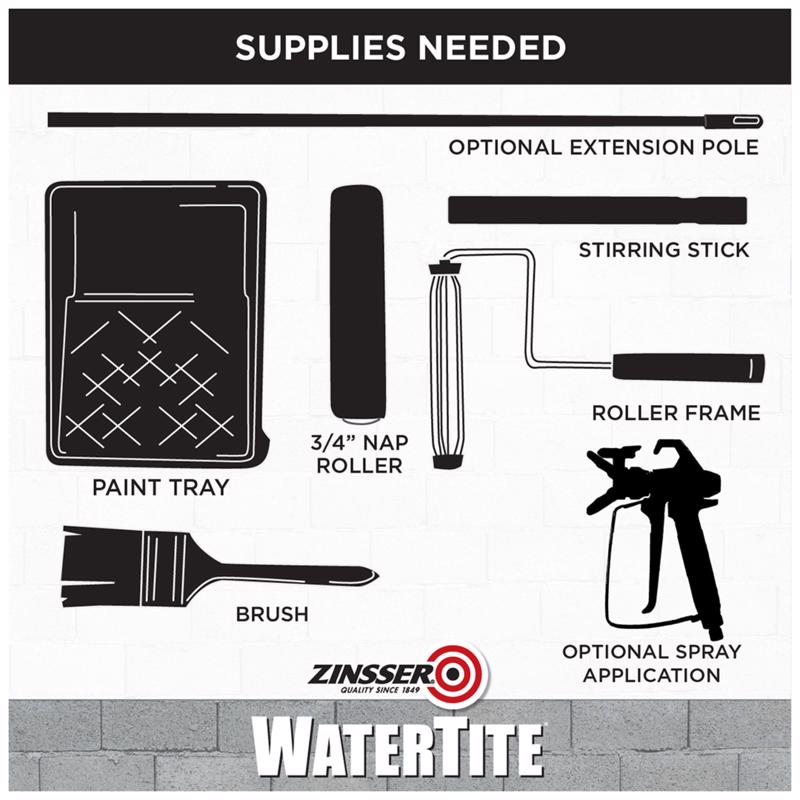 Supplies needed for painting with Zinsser WaterTite, including a paint tray, roller, brush, and extension pole.