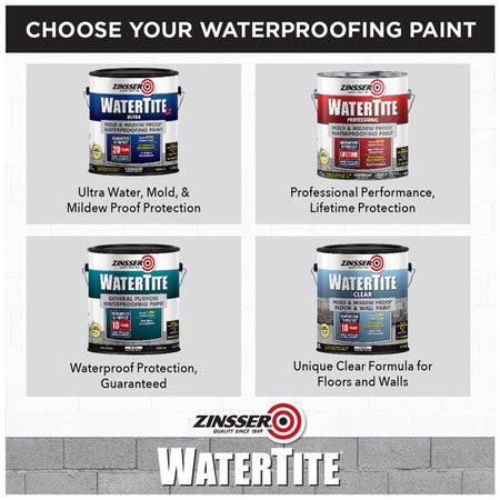 Zinsser Watertite selection chart paint cans with different features on a gray background