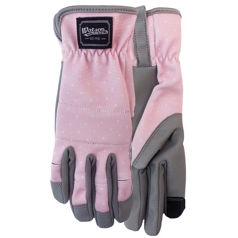 Pink and gray gardening gloves with a brand label on a white background