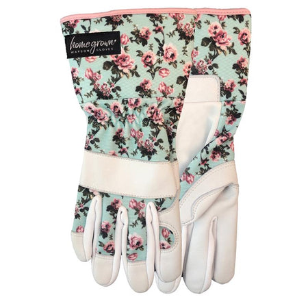 Floral patterned gardening gloves with white accents on a white background