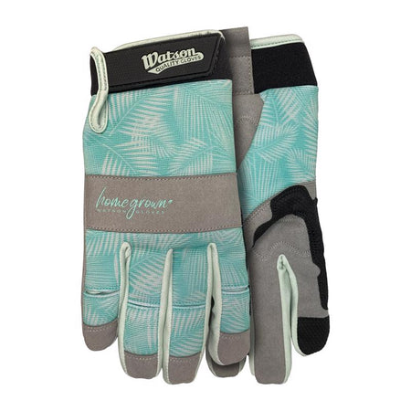 Pair of gardening gloves with teal pattern and gray accents on a white background