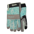 Pair of gardening gloves with teal pattern and gray accents on a white background