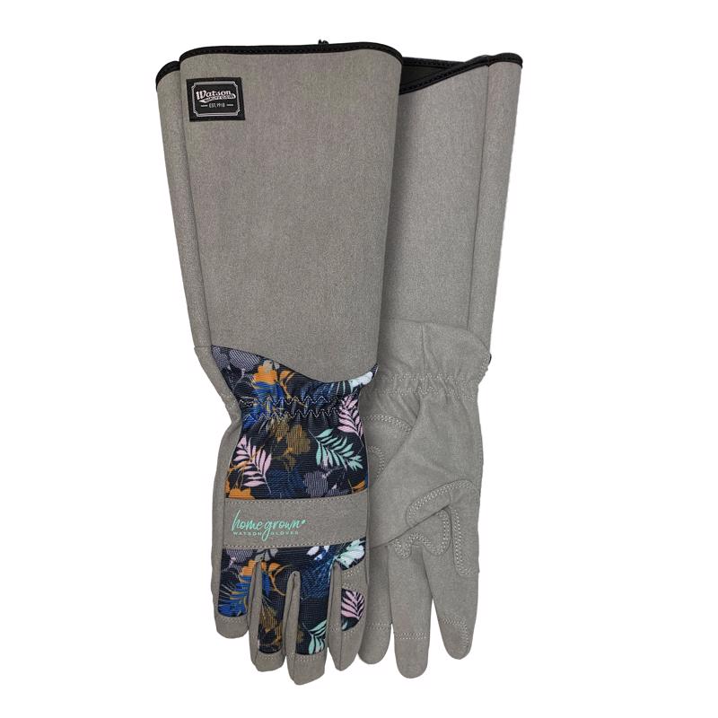 Gray gardening gloves with floral pattern on palm, on a white background