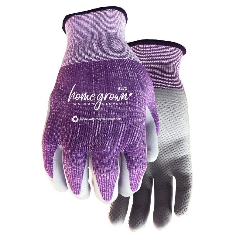 Pair of purple and gray gardening gloves with 'homegrown' branding on a white background
