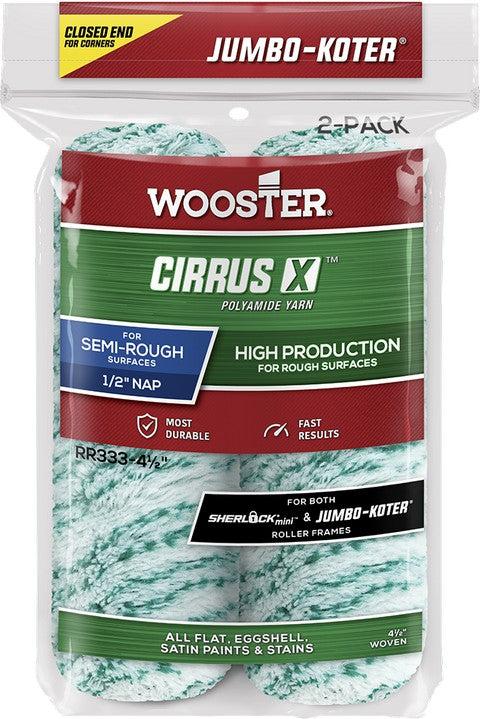 Wooster Cirrus X roller cover packaging with Jumbo-Koter branding on a white background