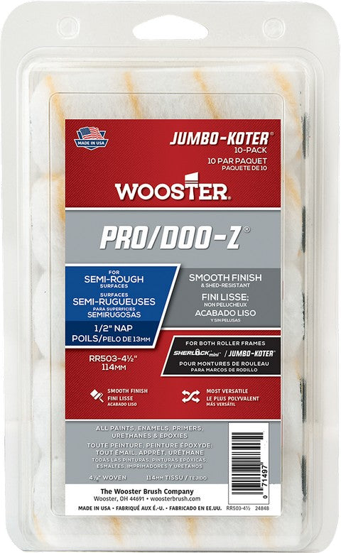 Wooster Jumbo-Koter roller cover 10-Pack packaging with labels on a white background
