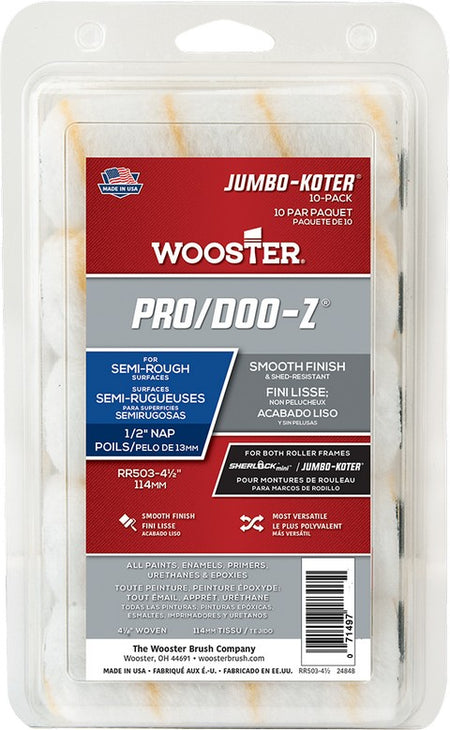 Wooster Jumbo-Koter roller cover 10-Pack packaging with labels on a white background