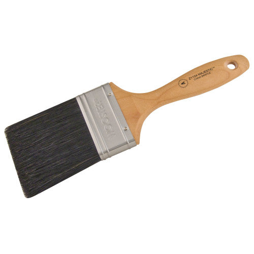 A close-up image of the Wooster Majestic Paint Brush Z1104 showcases its firm blend of black China bristle, chisel construction, round rust-resistant steel ferrule, and sealed maple wood handle.