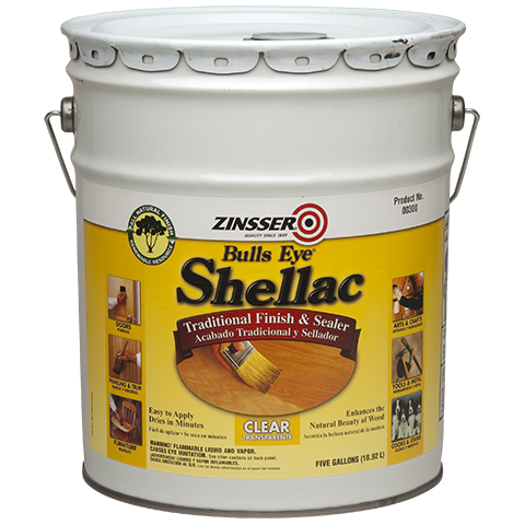 Zinsser Bulls Eye Shellac 5 gallon paint can on a white background