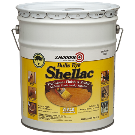 Zinsser Bulls Eye Shellac 5 gallon paint can on a white background