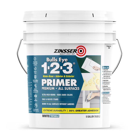 Zinsser Bulls Eye 1-2-3 primer 5 gallon paint bucket on a white background