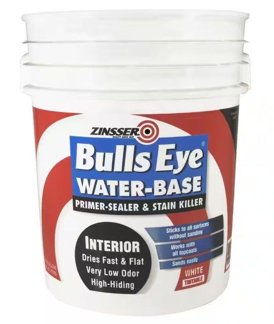 Zinsser Bulls Eye water-base 5 gallon paint can on a white background