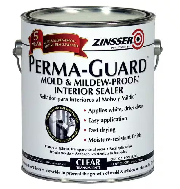 Zinsser Perma-Guard mold and mildew-proof interior sealer gallon can on a white background