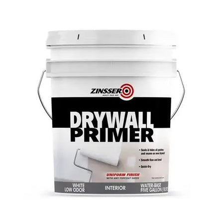 Five-gallon bucket of Zinsser drywall primer on a white background