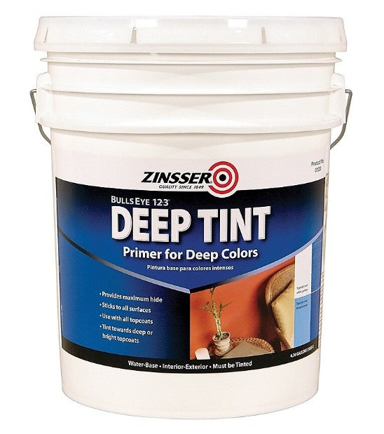Zinsser Bulls Eye 123 Deep Tint primer for deep colors in a white bucket on a white background