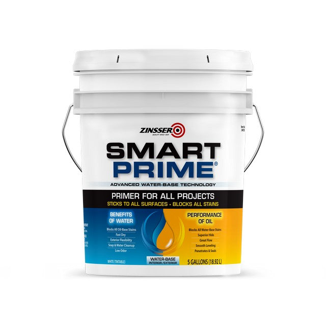 Zinsser Smart Prime paint primer 5 gallon bucket on a white background