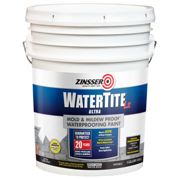 Zinsser Watertite LX waterproofing paint 5 gallon bucket on a white background