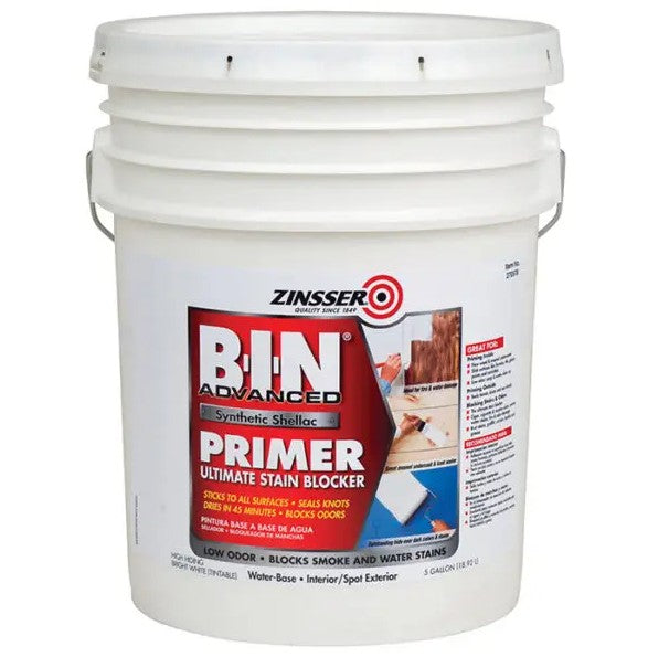 Zinsser BIN Advanced Primer 5 gallon bucket on a white background