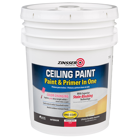 Zinsser ceiling paint and primer 5 gallon container on a white background