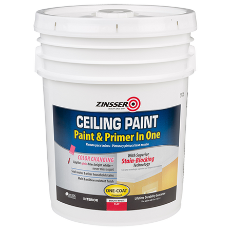 Zinsser ceiling paint and primer 5 gallon container on a white background