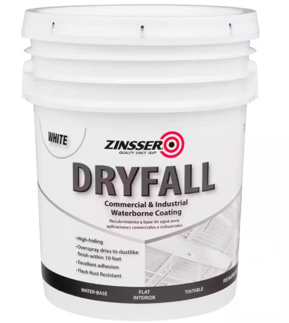 Zinsser Dryfall flat white paint bucket on a white background