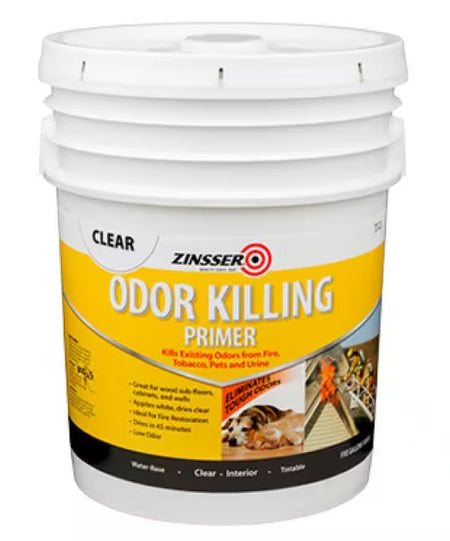 Zinsser odor killing primer 5 gallon container on a white background