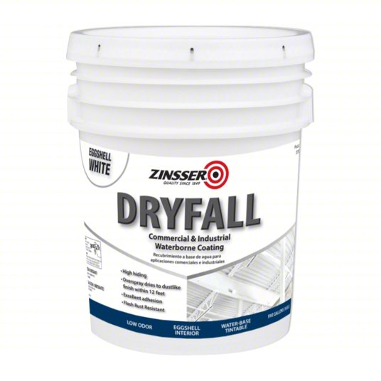 Zinsser Dryfall eggshell white paint bucket on a white background