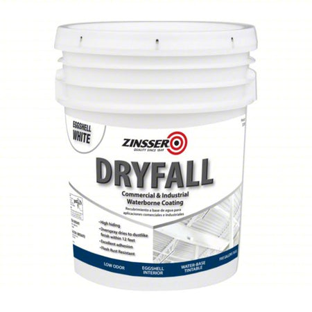 Zinsser Dryfall eggshell white paint bucket on a white background