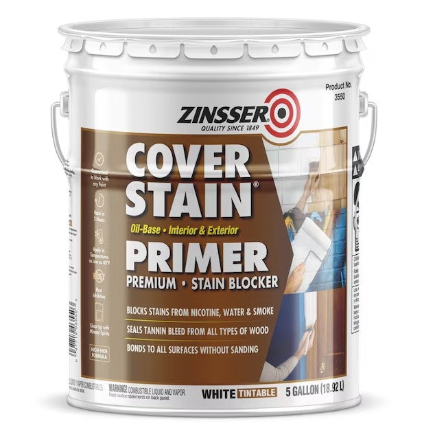 Zinsser High Hide Cover Stain Primer 5 gallon container on a white background