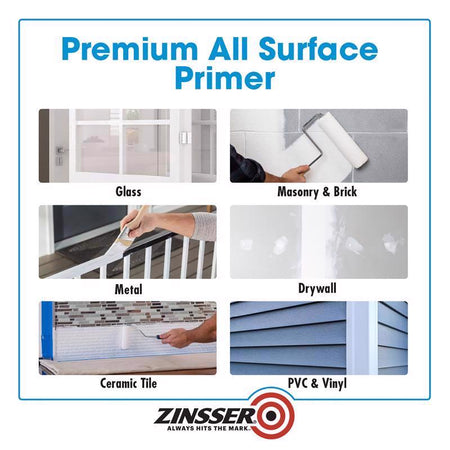 Advertisement for Zinsser Bulls Eye 123 Plus Premium All Surface Primer showing its application on various surfaces.