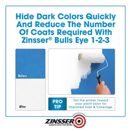 Advertisement for Zinsser Bulls Eye 1-2-3 primer product showing a roller applying paint to a wall.