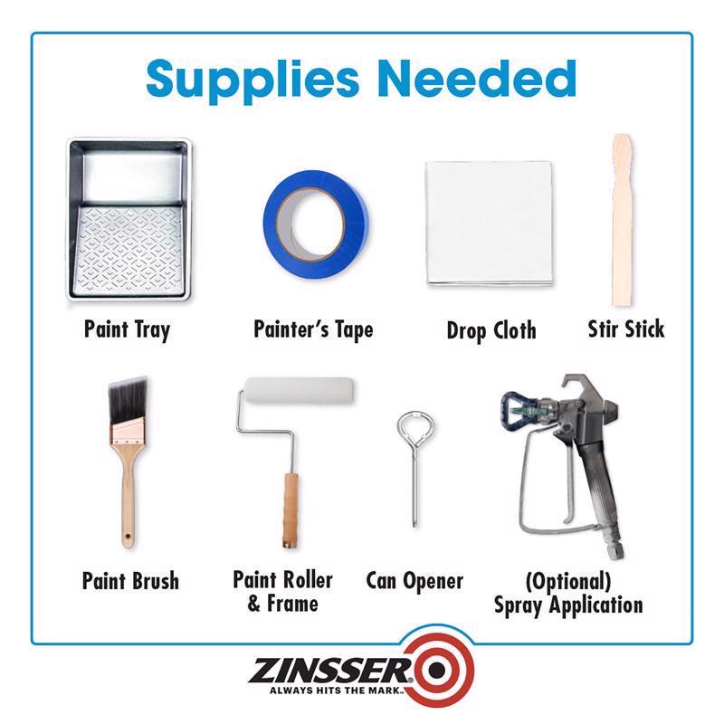 List of supplies needed for painting with Zinsser Bulls Eye 123 Plus branding.