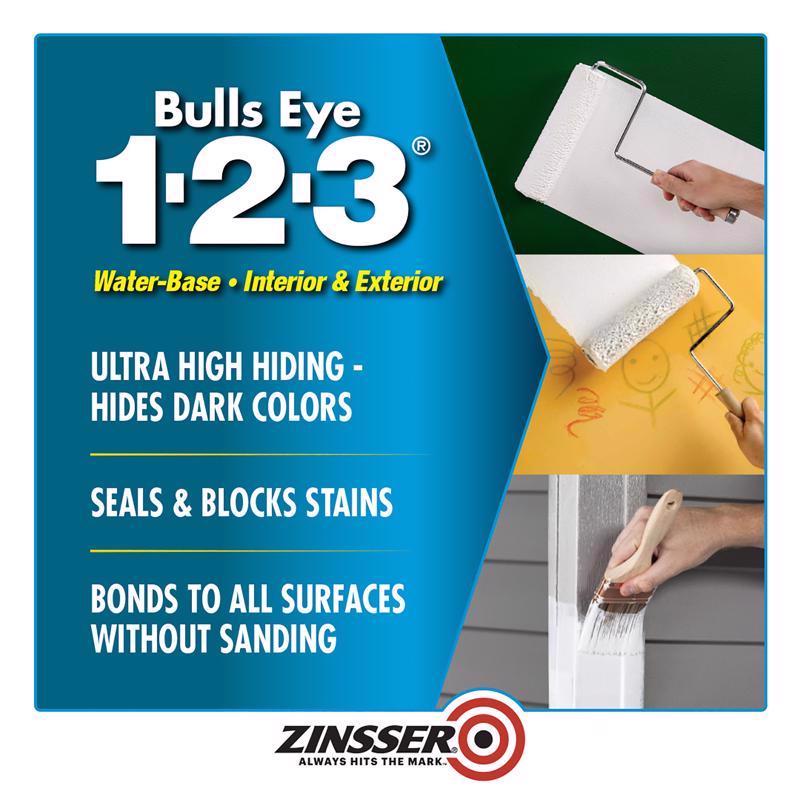 Bulls Eye 1-2-3 paint product highlights with Zinsser branding and paint application images.