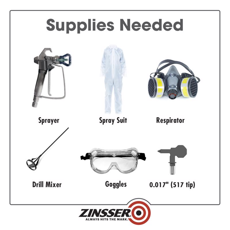List of supplies needed for Zinsser Dryfall spray application with Zinsser branding.