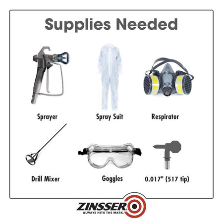 List of supplies needed for Zinsser Dryfall spray application with Zinsser branding.
