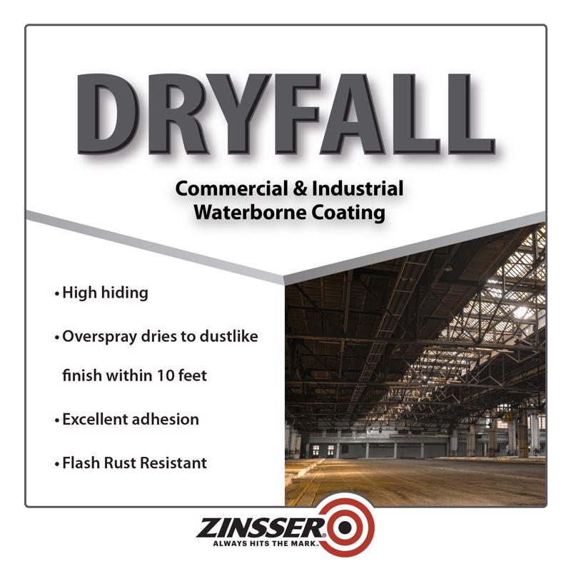 Advertisement for Zinsser Dryfall waterborne coating with a warehouse interior background and product features listed.