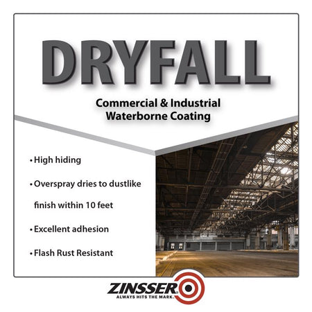 Advertisement for Zinsser Dryfall waterborne coating with a warehouse interior background and product features listed.