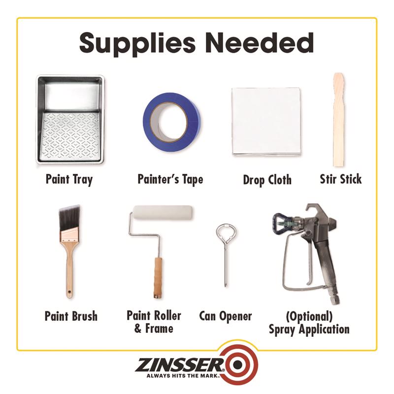 List of painting supplies needed for Zinsser Peel Stop Triple Thick primer with Zinsser branding