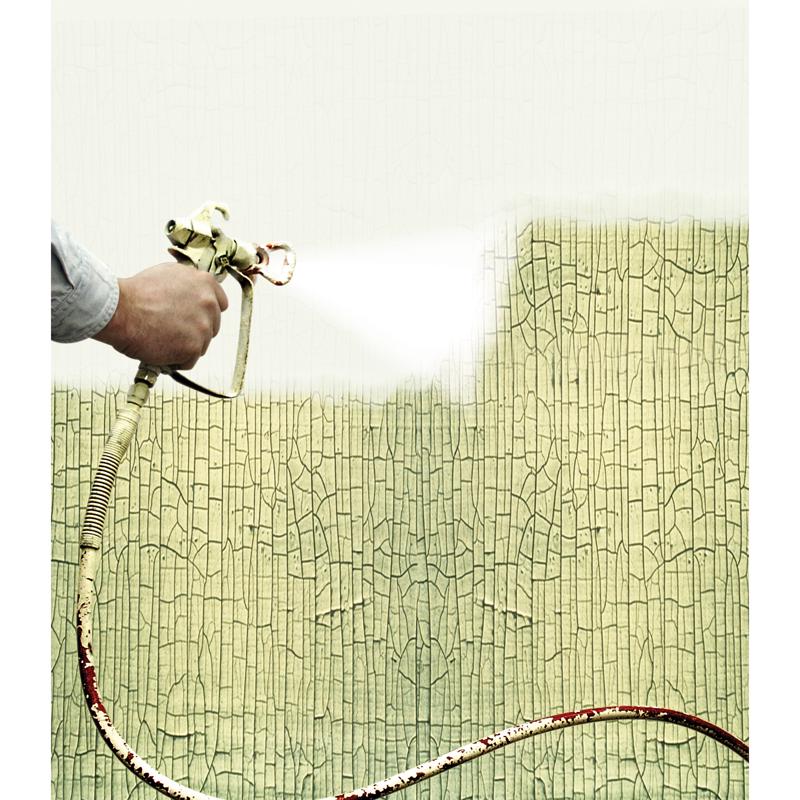 Person using a paint sprayer to apply Zinsser Peel Stop Triple Thick on a textured wall