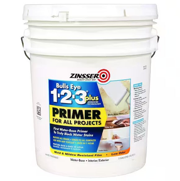 Zinsser Bulls Eye 1-2-3 plus primer bucket on a white background