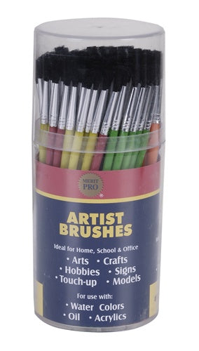 A cylindrical container holding 144 artist brushes.