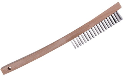 Long Handle Wire Brush featuring tempered steel bristles and a wooden handle.