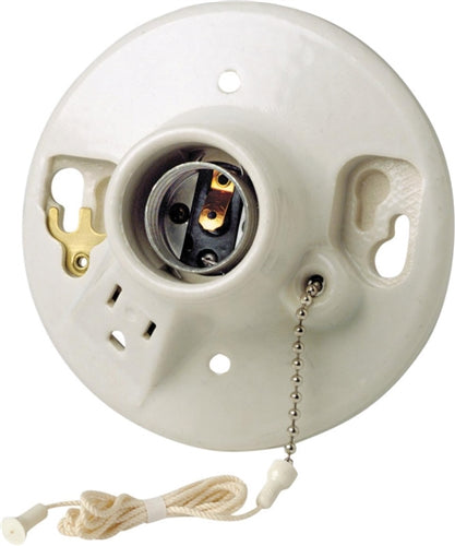 Leviton 9726-C Porcelain Incandescent Medium Base Pull Chain Socket w/Outlet