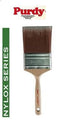 The image shows a close-up of the Purdy Nylox Mode Paint Brush, highlighting its soft bristles, alderwood handle, and stainless steel ferrule.
