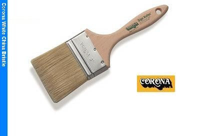 A close-up image of the Corona Sign Kutter White China Paint Brush 3039 showcasing its hand-formed chisel, unlacquered hardwood flat pointed handle, and stainless steel ferrule.