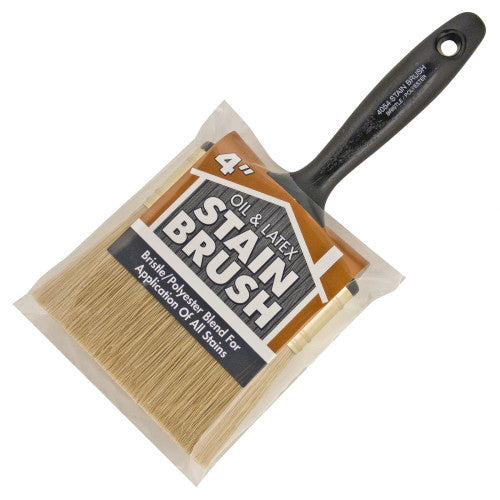 Wooster 4" Oil & Latex Stain Brush 4054 in manufacturer packaging showing the gold polyester and white China bristles.