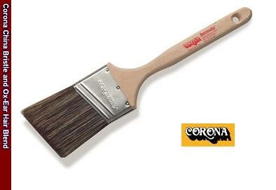 The image shows the Corona Bermuda Ox-Ear Hair Paint Brush 4560. It features an unlacquered hardwood peg handle with a stainless steel ferrule, holding together a blend of China bristles and Ox-Ear hair.